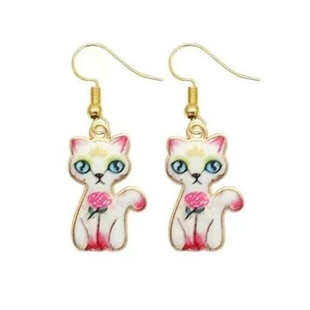 Kitty Cat Pink Floral Colorful Enamel Earrings Dangle‎ NWT